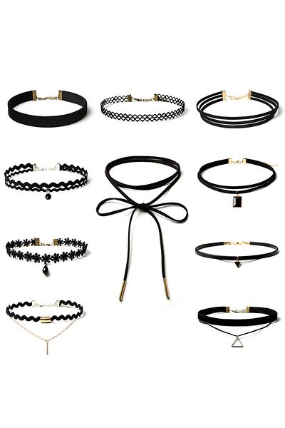 BLACK Set de 10 coliere tip choker, Catifea, Negru