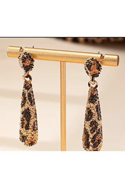 Store Leopar Desen Uzun Damla Küpe