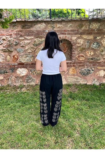 Sobe Hediyelik Black Wide Leg Trousers – White Ethnic Pattern – Summer Loose Model