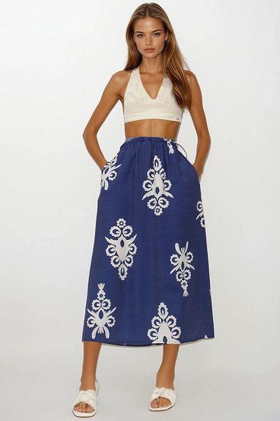 VAGGON Women's Navy Blue Elastic Waist Double Pocket Patterned Maxi Skirt Vs00259