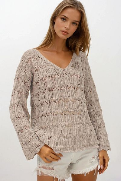 VAGGON Women's Dark Beige V-Neck Openwork Blouse Vs00251