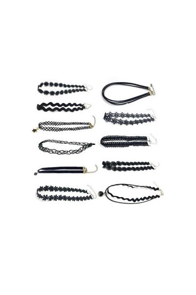 BLACK Set of 11 elegant choker necklaces, multiple styles, black