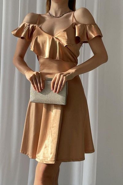 Mossta Ruffled Satin Dress with Off Shoulder Straps - Mink