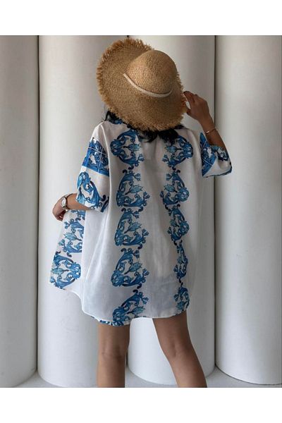 SOFT Blue Shawl Pattern Printed Linen Shirt Shorts Set