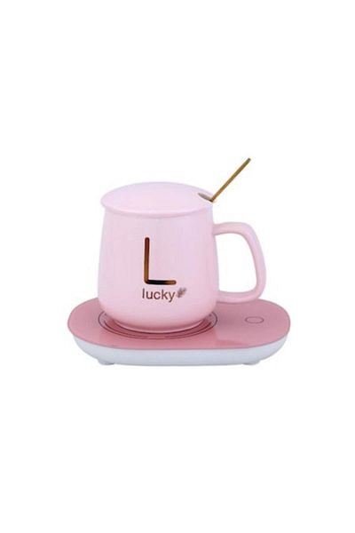 OEM Ceramic Mug Set with Warmer, Spoon, Constant Temperature 55°C, 220V, 400ml, Pink