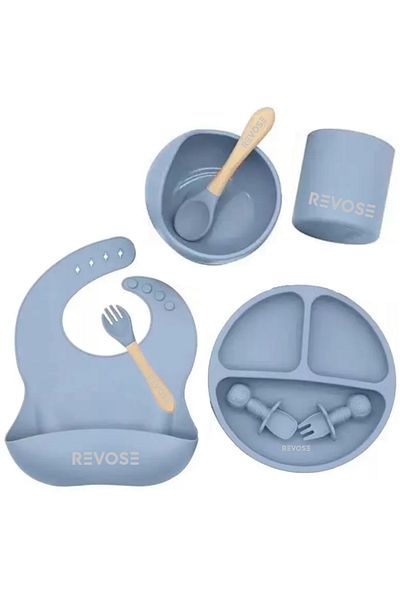 REVOSE Set Complet Diversificare Din Silicon ™, Farfurie Cu Tacamuri, Bavetica, Cana, Bol, Dusty Blue