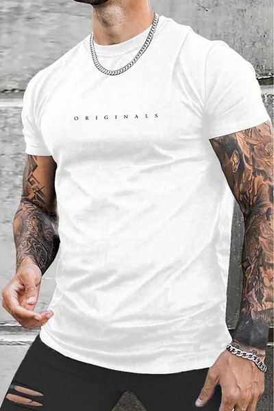 NO 601 Men's White Originals Printed Slim Slim Fit Tshirt