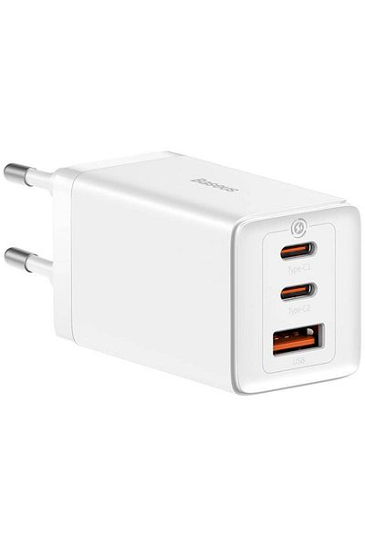 Baseus GaN5 power adapter, 65W, 2x USB-C, 1x USB (USB-C cable included), White
