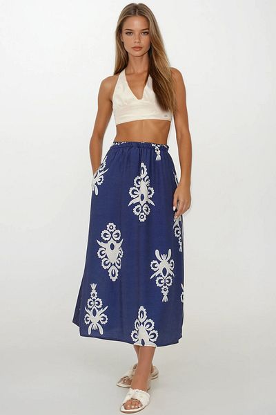 VAGGON Women's Navy Blue Elastic Waist Double Pocket Patterned Maxi Skirt Vs00259