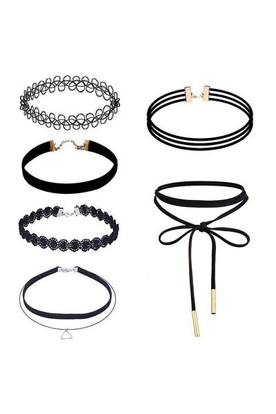 BLACK Set of 6 elegant choker necklaces, multiple styles, black
