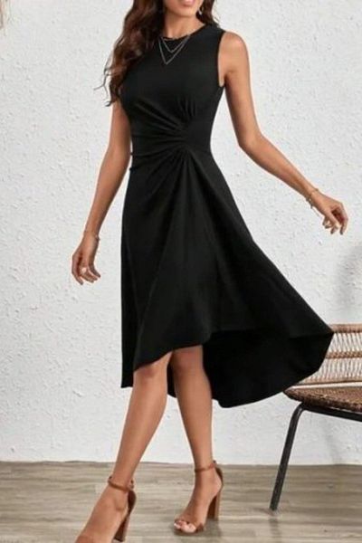 Mossta Crew Neck Waist Gathered Crepe Dress - Black
