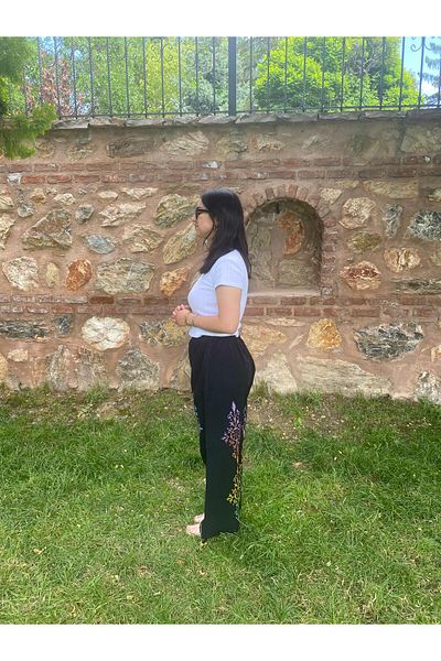 Sobe Hediyelik Black Wide Leg Trousers – Colorful Ethnic Patterned – Summer Loose Model