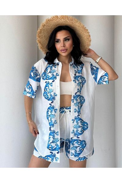SOFT Blue Shawl Pattern Printed Linen Shirt Shorts Set