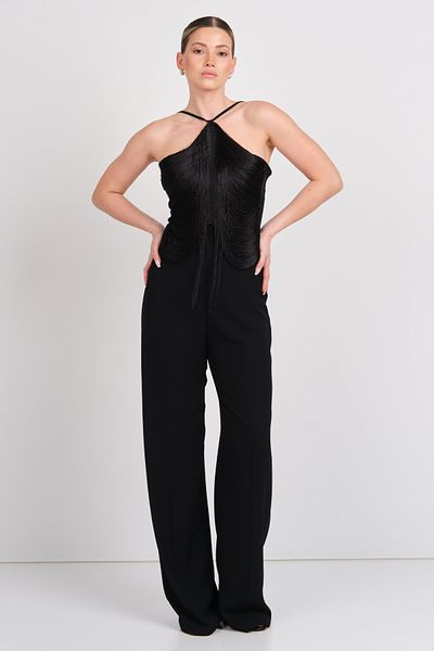 EXPLOSION Women's Tassel Detailed Halter Neck Evening Dress Jumpsuit 2283 Black