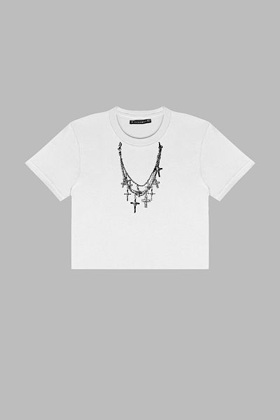 Sekizbiraltı Cross Necklace Printed White Crop Top