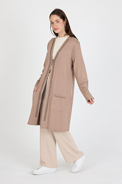 larocci Women's Standard V-Neck Stone Detailed Long Sleeve Vest with Pockets