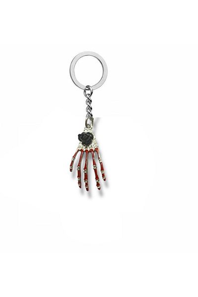 Herşey Nota Unisex Keychain with Rose Motif and Red Skeleton Hand Figure – Gothic and Romantic Design