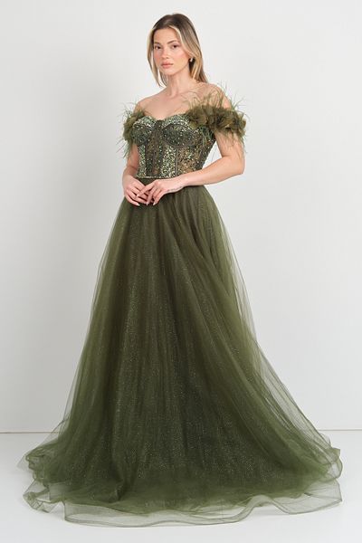 Hvit Vera Women's Long Evening Dress with Stone Top and Sheer Bottom Tulle Skirt Detail 5745 Khaki