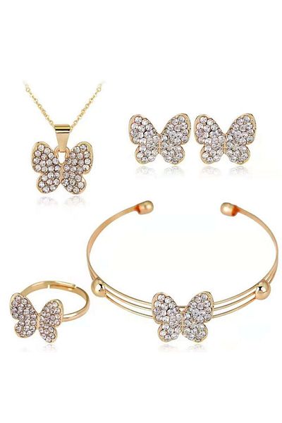 Tessero Set de bijuterii de dama, lantisor, cercei, bratara si inel marime reglabila, model fluture, placata