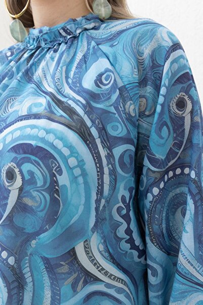 ALLDAY Mavi-İndigo-Desenli Etek Fırfırlı Elbise