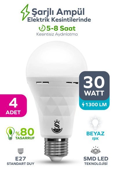 ŞANLED Şarjlı Akülü 30w Beyaz Işık Led Ampul-1-2-4-5-8-10 Adet