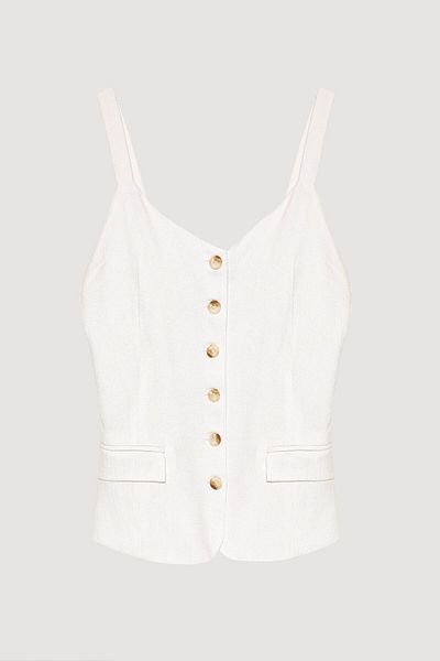 Quzu Pocket Covered Buttoned Strap Linen Ecru Women's Blouse Blz00325