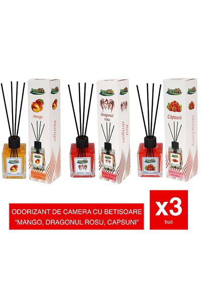 PureLife Room air freshener with sticks – 120ml, Set of 3 flavors (Mango, Red Dragon, Strawberry)