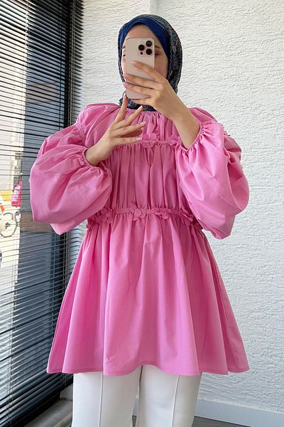 MELEK ARAZ Reglan Floral Detailed Poplin Tunic – Pink