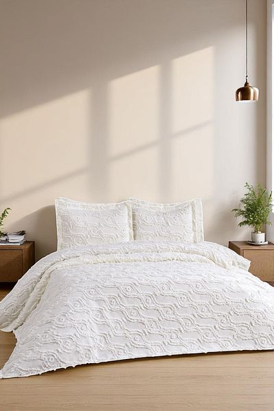 coverbox Chenille Nordic Dowry Double Bedspread 240×250 cm 2 Pillows Geometric Pattern