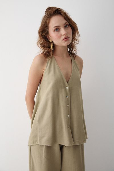 Laluvia Khaki Back Rope Tie Detailed Blouse Trousers Set - 30379