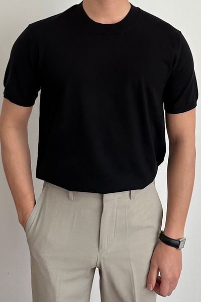 Tarz Cool Ανδρικό μπλουζάκι μαύρο Slim Fit Crew Neck Knitwear