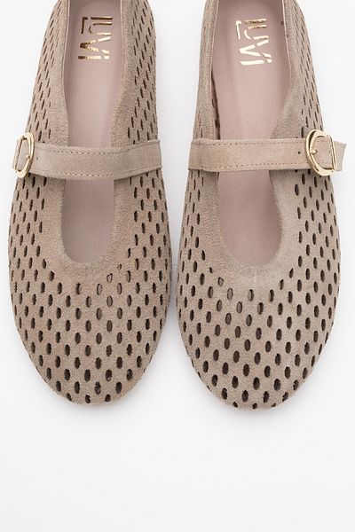 LuviShoes Ari̇an Beige Suede Genuine Leather Perforated Women's Ballerina Shoes