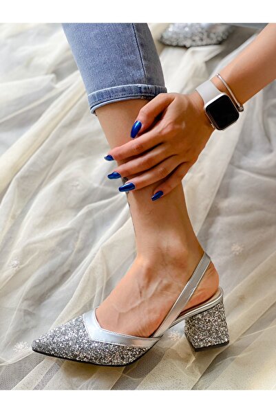 BERFONA Ava Silver Stone 5 cm Heel Sandals