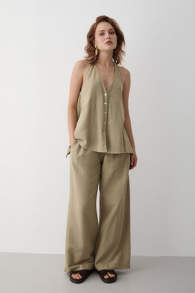 Laluvia Khaki Back Rope Tie Detailed Blouse Trousers Set - 30379