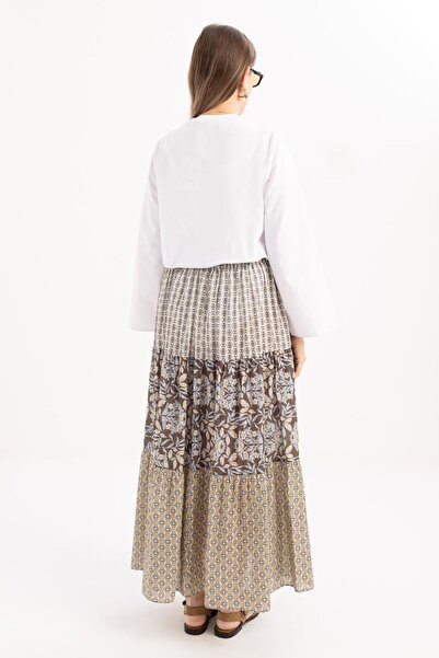 ALLDAY Καφέ-Κίτρινη-Μέση Ελαστική Φούστα με βολάν