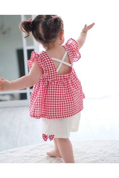 aysskids Cherry Plaid Cherry Detailed Baby Girl Double Set