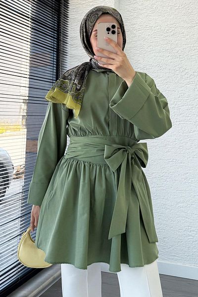 MELEK ARAZ Poplin Tunic with Waist Belt-Dark Green