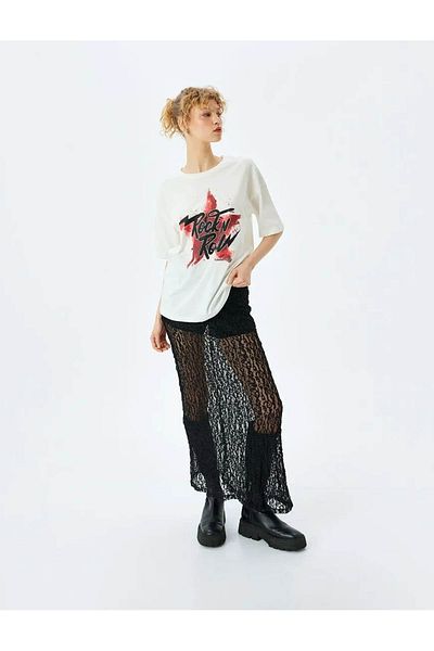 Koton Slogan Printed Ecru Women's T-Shirt 5Sal10376Ik