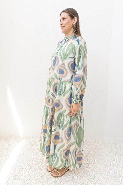 ALLDAY Green-Pink-Patterned Skirt Ruffle Dress