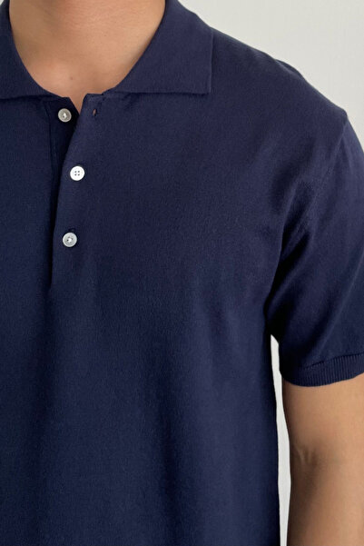 Tarz Cool Ανδρικό μπλουζάκι με κουμπιά Navy Blue Regular Fit Knitwear