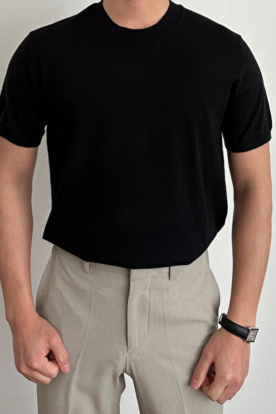 Tarz Cool Ανδρικό μπλουζάκι μαύρο Slim Fit Crew Neck Knitwear