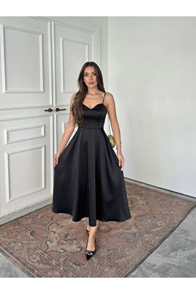MAXMOOR HANAN SATEN ASKILI MİDİ PRENSES SİYAH ELBİSE