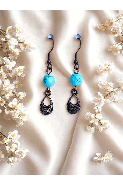 ayrestyle أقراط نسائية متدلية من الحجر الطبيعي باللون الفيروزي العتيق من النحاس الداكن - حجر 8 مم، مع جهاز زاماك أصلي