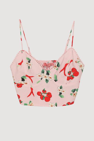 Quzu Tomato Patterned Strappy Crop Pink Women's Blouse Blz00393