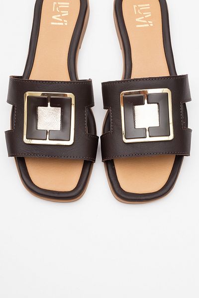 LuviShoes Mi̇lli̇e Brown Genuine Leather Buckle Women's Slippers