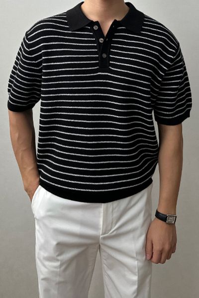 Tarz Cool Ανδρικό μπλουζάκι με μαύρο ριγέ κουμπιά με κανονική εφαρμογή
