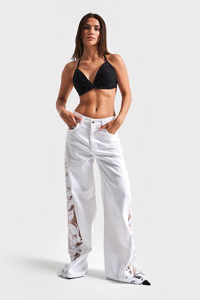 its basic Γυναικείο λευκό χρώμα 5s5-2 Wide Leg Fit Tulle Lace Λεπτομερές 100% Koton Design Denim Jean