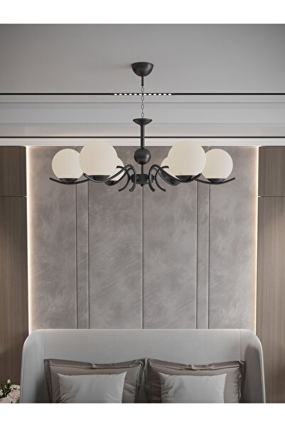 avizade Merla 6’lı Siyah Metal Beyaz Camlı Avize | Modern Salon Sarkıt Aydınl...