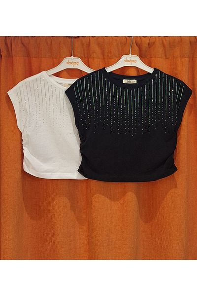 Çikoby Side Gathered Spreader Stone Decorated T-Shirt