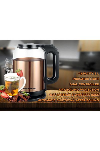 Hausberg Rychlovarná konvice HB-3622AU, 1800W, 2L, automatické vypnutí, kontrolka, zlato-černá